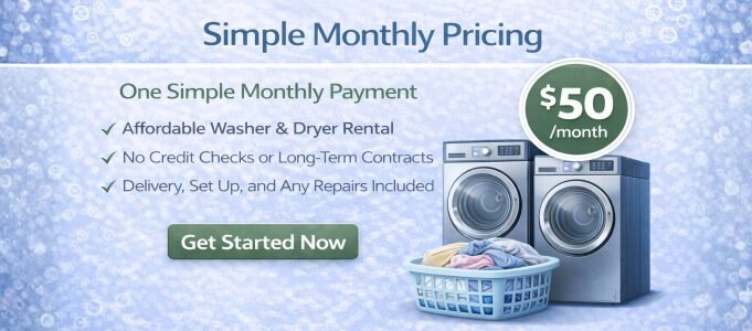 Promotional graphic for SpinReady Rentals in Hanford, California serving the Central Valley, showing simple monthly washer and dryer rental pricing at fifty dollars per month with delivery, setup
