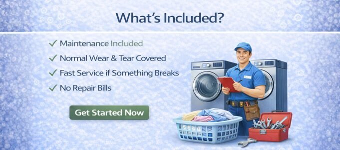 Promotional graphic for SpinReady Rentals in Hanford, California serving the Central Valley, showing what is included with washer and dryer rentals such as maintenance, normal wear and tear covera