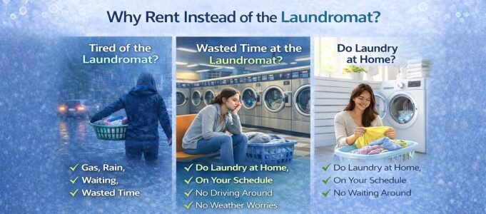 SpinReady Rentals promotional graphic for Central Valley and Hanford, California. The image compares laundromat use versus renting a washer and dryer at home. It shows a person walking in the rain